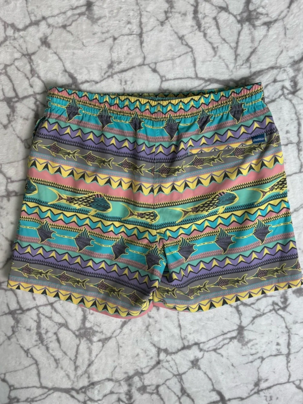 Chubbies Geometric Print Swim Shorts Men’s Xl Purple Aqua Yellow Fishes Rays